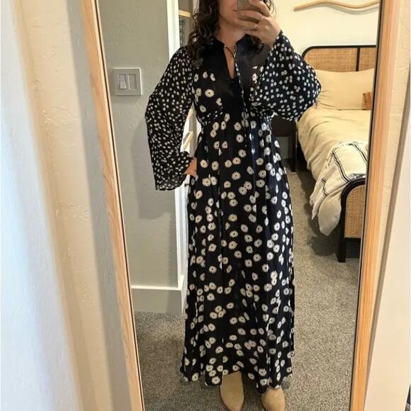 Rixo Black Floral Midi Peasant Dress SMALL Cottage Retro 70s Boho Designer $400 - Picture 5 of 12